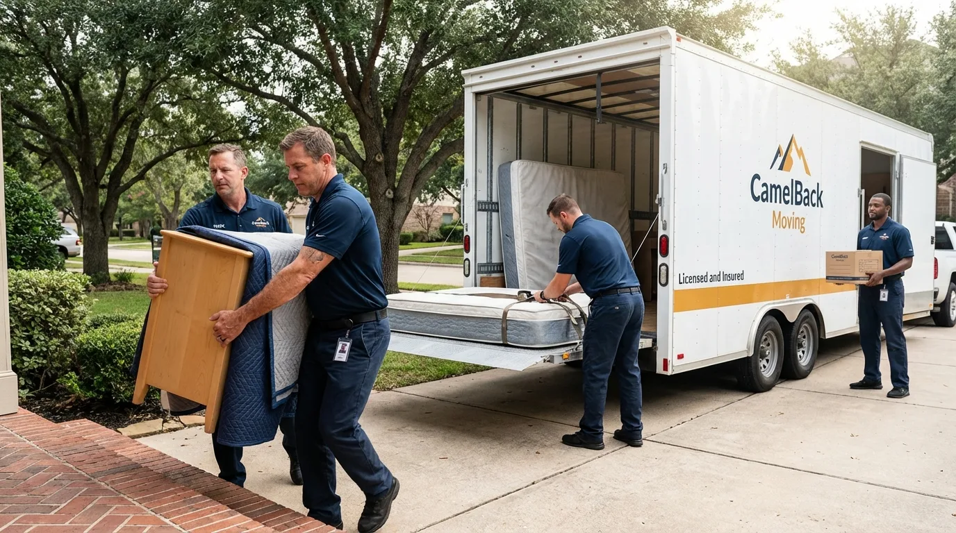 Crew loading residential truck for cross-state move from Magalia, CA