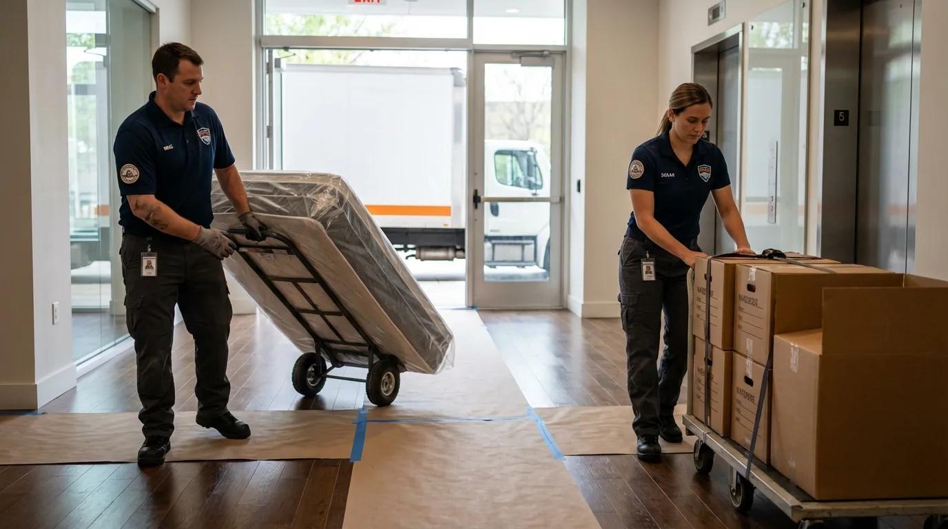 Professional apartment movers loading elevator in Magalia, CA