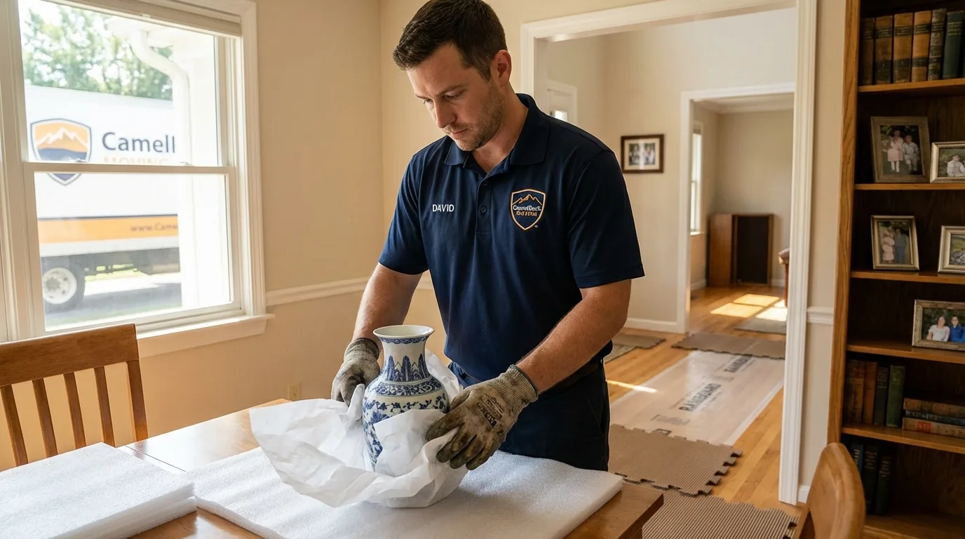 Professional crew carefully wrapping antique vase for senior downsizing move in Magalia, CA